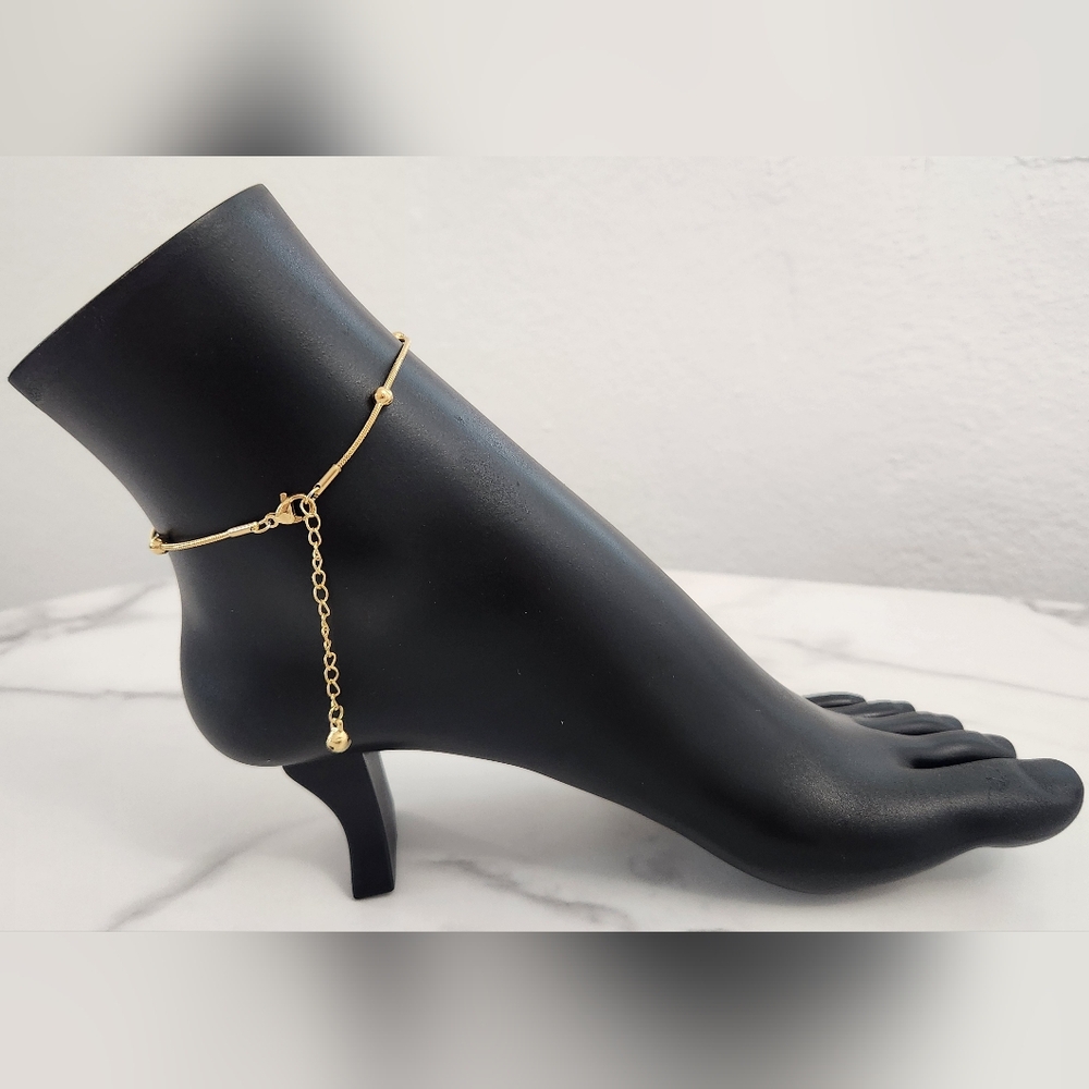 Gold Plated Anklet • Snake Chain with Round Beads • Adjustable Dainty Anklet - Picture 5 of 11